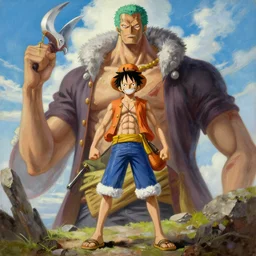 Luffy stands in front of Kaido, oil painting, epic scenery