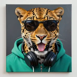 a photorealistic canvas painting of a leopard wearing black sunglasses, a teal green hoodie and headphones around his neck. his tongue is showing. hyper detailed. this 4 k hd image is trending on artstation, featured on behance, well - rendered, extra crisp, features intricate detail, epic composition and the style of unreal engine.