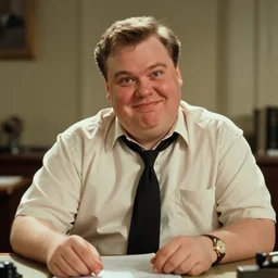 clean - shaven chubby white man wearing a shirt and necktie sitting at a desk making a goofy face, 1 9 8 9 movie still, cinematography, cinematic lighting