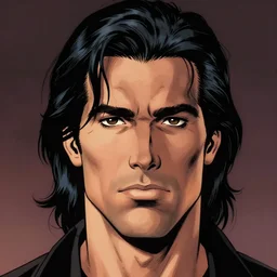 A masculine middle aged man with tan skin, brown eyes, and hip-length, shiny, black hair, in the style of DC Comics