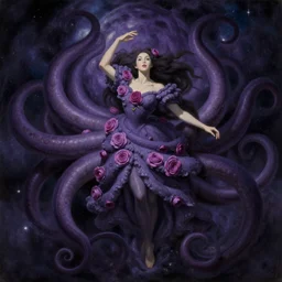 tentacles in universe, a godness in rose dress, DARK PURPLE SCHEME, by studio ghibli painting,by Joaquin Sorolla rhads Leyendecker, by Ohara Koson and Thomas Kinkade