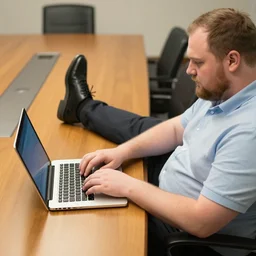 Chubby clean-shaven white businessman sitting at a wooden conference table typing on a laptop keyboard, his right black shoe is resting on table next to laptop