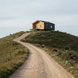 a dirt road leading to a modern wooden cabin on top of a large hill, artstation, jakub rozalski