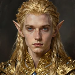 portrait painting of a blonde elf man wearing beautiful ornate golden armor, ultra realistic, concept art, perfect eyes, high symmetry, intricate details, eerie, highly detailed, photorealistic, octane render, 8 k, unreal engine. art by artgerm and greg rutkowski and charlie bowater and magali villeneuve and alphonse mucha