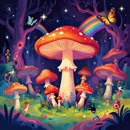 psychedelic mushrooms, enchanted cosmic forest, mushrooms on the ground, small fairies, stars in the sky, butterflies, rainbows, psychedelic, wide angle shot, vector art, saucy liquid, fluid, fantasy poster by helen huang and frank frazetta and salvador dali
