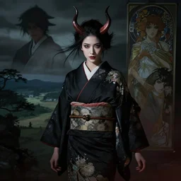 a photorealistic dramatic fantasy render of a beautiful woman wearing a clasical japanese kimono, with demon horns, by wlop, artgerm, greg rutkowski, alphonse mucha, beautiful dynamic dramatic dark moody lighting, shadows, cinematic atmosphere, artstation, concept design art, octane render, 4 k, beautiful japanese landscape
