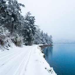 , snow, snowstorm, tropical rainforest, rule of thirds, blue water in the right, landscape photo