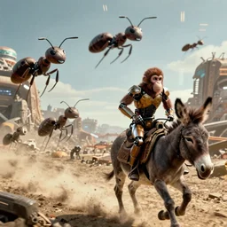 Steven Spielberg movie shot of a robot monkey riding a donkey. Post apocalyptic world. Chased by giant ants