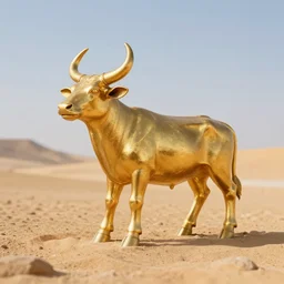a realistic detailed photo of a golden calf, shiny gold, a statue, golden calf idol in the middle of the desert. egypt. amazing photo