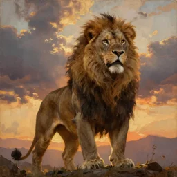 oversized muscular lion as barbarian, very textured detailed oil painting panoramic backlight portrait by rembrandt, backlight, dramatic clouds ,sunset