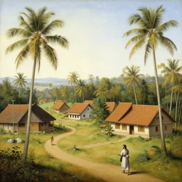 painting of a kerala village by Hieronymus Bosch