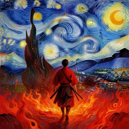 a samurai is walking in a red flaming city, van gogh style