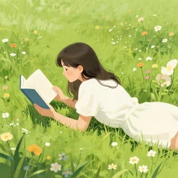 a girl laying in a field of flowers reading a book, greg rutkowski, zabrocki, karlkka, jayison devadas, trending on artstation, 8 k, ultra wide angle, zenith view, pincushion lens effect