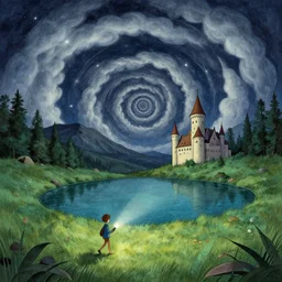 walking near a pond and a castle, nightly, spiral, naive nerikomi, weird perspective, extra narrow, detailed illustration, lit by flashlight, scenic spiral environment by rhads from lorax movie, trending artstation, true color, fisheye, grass field mountainous terrain, spiral clouds
