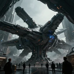 a breathtaking scene of the expanse spaceship, technology, exterior, scifi, cybernetic, darksynth, ultrarealistic, highly detailed, futuristic landscape, industrial, utopian architecture, low angle view, crowds of people, ominous, sharp focus, epic lighting, cinematic, by jeremy mann and jan urschel and neil blevins, misty, 8 k