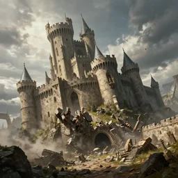 huge medieval fantasy castle falling to the ground
