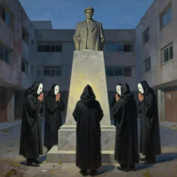 fine illustration of five hooded disciples in masks praying to a fascist monument in a brutalist courtyard, lit from below, twilight, lowbrow surrealism, PJ Crook, Edward Hopper, sharp detail, oil on canvas