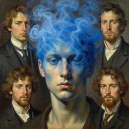 my head is covered with blue smoke, a painting by john harris, barlowe wayne, maxfield parrish, gustave dore and marco mazzoni. hyper detailed.