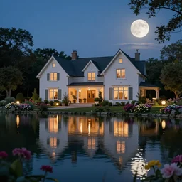 a stunning beautiful lake house in the moonlit nightscape, house by the reflective lake in the evening, dreamy, lamps and flowers, beautiful garden, highly detailed, perfect landscape, photorealism, landscape photography, artstation, 4 k