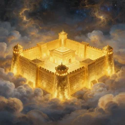 a big fort made of glowing golden material, cosmic, surreal, photorealistic, clouds, oil painting, matte painting, 8 k,