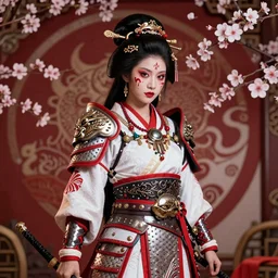 slbini geisha warrior ornated viking armor war paint, detailed bakground, jewelry, sakura,photograph, award wining, red and white, trending on artstation, punk attitude, 4k, unreal engine 5, octane render, neon highlights