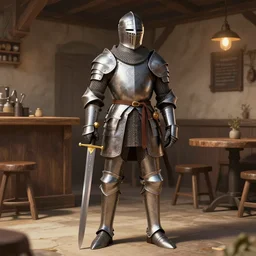 full body medieval knight holding sword in tavern trending on artstation