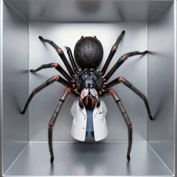 a half spider, half woman wearing a labcoat in a small silver room while looking at a woman in a wheelchair, anime styled digital art, extreme detail