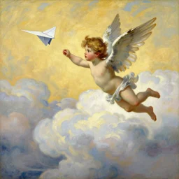 an idyllic and bucolic scene of only one winged cherub flying trough clouds with an origami plane, in the style of bouguereau, art nouveau, symbolism, pastel colors, golden our, oil on canvas, highly detailed, naturalism, magic