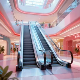 futuristic, pastel colors, hd 8 k, unreal engine, abandoned, overgrown, red blue studio lightning, mall, escalator