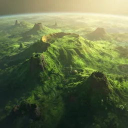 extremely wide view from space far away of lush volcanic planet, soft light, golden glow, jade green, diffuse lighting, fantasy, intricate, surrealism!!!!, highly detailed, lifelike, photorealistic, digital painting, artstation, illustration, concept art, smooth, sharp focus, by greg rutkowski, chris tulloch mccabe, valentina remenar and asher duran