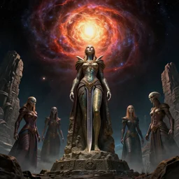 an ancient alien female momument staring into space at a supernova, queen of blades, diablo 4 lilith, by dorian cleavenger, by greg rutkowski, by wlop, by astri lohne, by zdzisław beksinsk