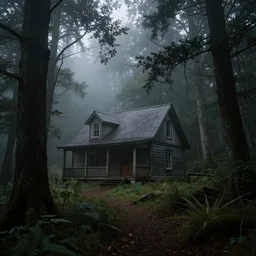 mysterious cabin in the woods, dark, fog, by bagshaw tom