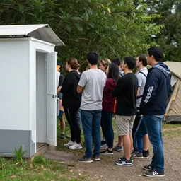 people waiting in line before a toilet on a camping