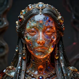 detailed portrait, shaman priestess, molten glassworks face sculpted features, large eyes, statuesque, glass skin, fiberglass hair, tech noir, opulent, encrusted, jewel, refractions, chiaroscuro, organic impressionism, deep backdrop, natural colors, octane render