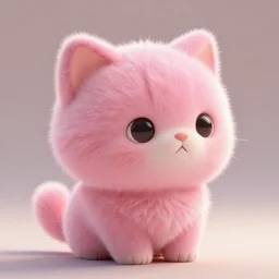 high quality 3 d render hyperrealistic very cute small cat, plush mascot, short spiky dense fluffy smooth hair, photo from the side, pink fluffy fur, 1 5 0 mm, beautiful natural soft light, rim light, vray, smooth background, artstation, ultra detailed