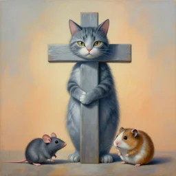 painting of cross between cat & mouse & rat & hamster, mixed animal, by arne olav gurvin fredriksen, by tiffany bozic, by zdzislaw beksinski, by corine perier, by ellen jewett, amazing details, cold hue's, warm tone gradient background, concept art, beautiful composition