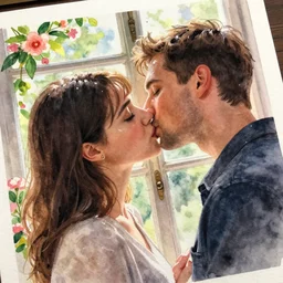 stylize watercolor painting on paper, free style, of lovers kissing by the decorated window. beautiful lighting. close up. flowers. clear face. subsurface scattering shiny skin. beautiful lighting, 4 k post - processing, trending in art station, cg society, highly detailed, 5 k extremely detailed, 3 d. cinematic scene. sharp image.