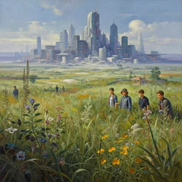 vast landscape plants in the foreground. distant cyberpunk metropolis, hyper real painting by chiara bautista karl kopinski kim jung giu and weta studio, and lucasfilm and jesper ejsing and norman rockwell greg rutkowski frank frazzeta