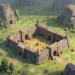 landscape of a low poly dungeon filled with enemies by Craig Mullins