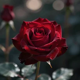a realistic photo of a dark red rose, Bokeh, Romantic, dark background, lit by daylight, beautiful photo