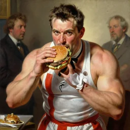bodybuilder colonel sanders eating a hamburger, highly detailed painting by gaston bussiere, craig mullins, j. c. leyendecker, 8 k
