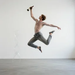 A male model boisterously dancing around the room by himself holding an empty wine bottle as he jumps in the air by Lynda Benglis, octane render, 4k, 8k, (sharp) , very very beautiful, stunning, twisted, vanishing, transparent, ethereal