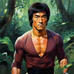 color portrait of bruce lee in the jungle by frank frazetta, likeness ! asthetic ! detail !  identity preserved