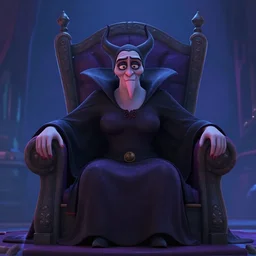 An evil sorceress scheming on her throne | stylised | short and stocky broad body| big nose | art style of disney pixar movie | HD 8k | rendered by octane
