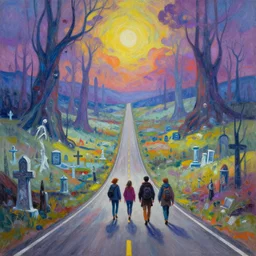 Why am I me when I could have been anyone else? Introspective meandering, a vibrant gouache fantasy painting, walking along the endless road through an unusual biome. Natural palette, Unearthly landscape. Realistic photography. A small traveling group of friends in a dream-like world. The frozen graveyard is haunted, they say.
