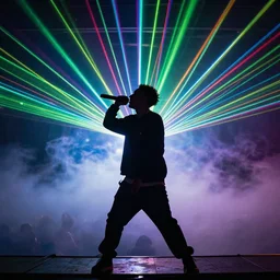 rapper performing with microphone, epic pose, profile view, silhouetted, distinct figure, psychedelic hip-hop, laser light show, fog, beams of light