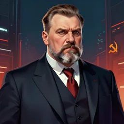 a portrait of a stern heavy set older man with a round face and a salt and pepper goatee, wearing a smart smoking jacket and cravatte, in the style of a soviet era propaganda poster, cyberpunk dark fantasy art, official fanart behance hd artstation by jesper ejsing