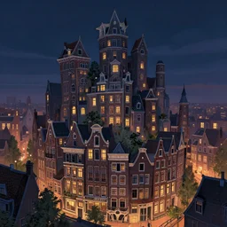 a magical town with very tall and extremely crooked buildings, inspired by amsterdam and victorian england, night time, digital painting, highly detailed, concept art, game art, matte painting, trending on artstation