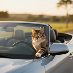 cat cruising in a cabriolet, golden hour, front top side view, idyllic setting