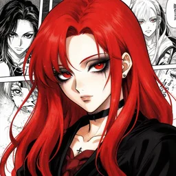 seinen manga art of goth girl with red hair, black makeup, and red eyes.